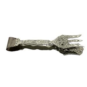 Antique Vintage Silver Floral Italian Gothic Serving Salad Dinner Tongs